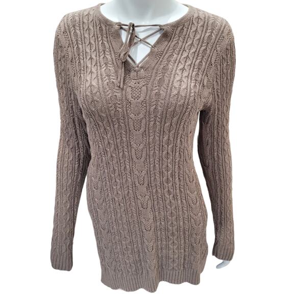 Jeanne Pierre Womens Fisherman Knit Sweater L Tan Taupe Oatmeal Cableknit Cotton - Picture 2 of 7